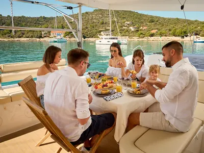 Deck of Sensation, a Lagoon 46 catamaran at Trogir, Croatia