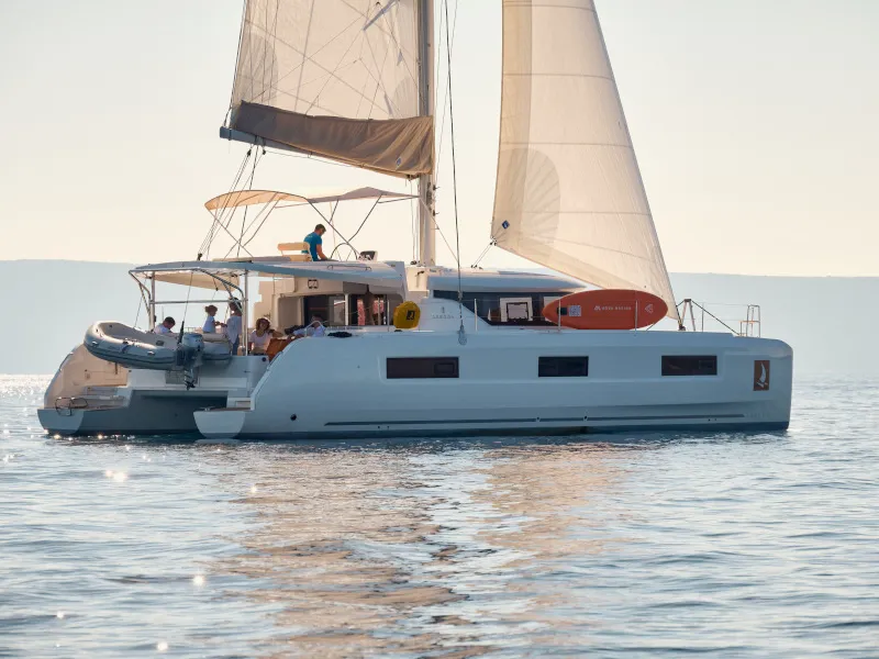 Exterior view of Sensation, a Lagoon 46 catamaran at Trogir, Croatia