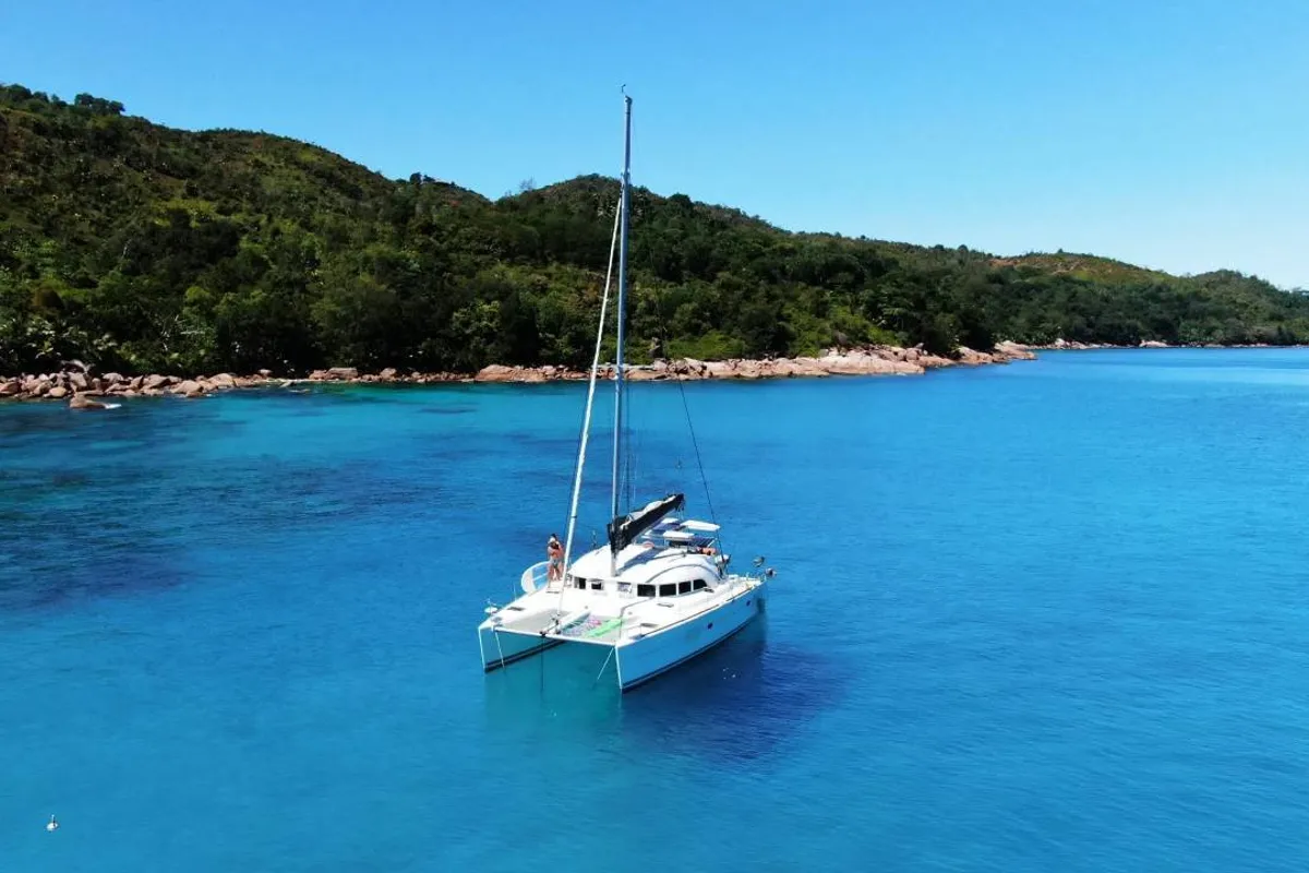 Exterior view of Felicite, a Lagoon 380 S2 catamaran at Roche Caiman, Seychelles