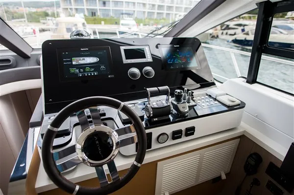 Cockpit of Mawi, a Azimut 55 motorboat at Grad Šibenik, Croatia