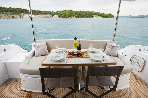 Deck of Mawi, a Azimut 55 motorboat at Grad Šibenik, Croatia
