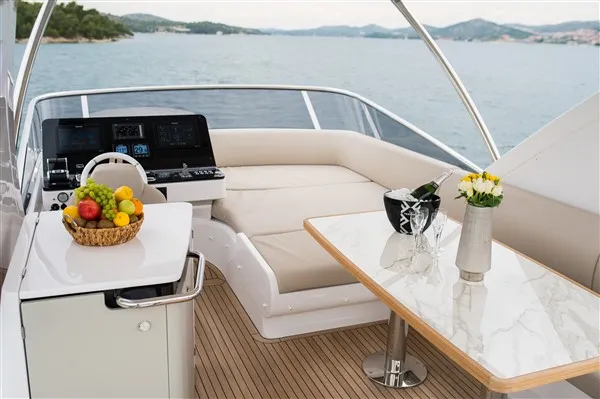 Cockpit of Mawi, a Azimut 55 motorboat at Grad Šibenik, Croatia