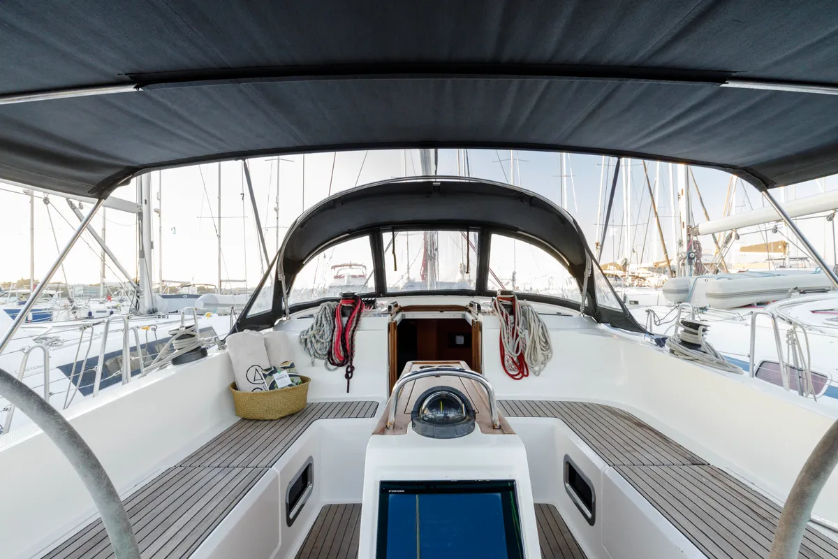 Cockpit of Alexaster, a Bavaria Cruiser 46 sailboat at Municipal Unit of Rhodes, Greece