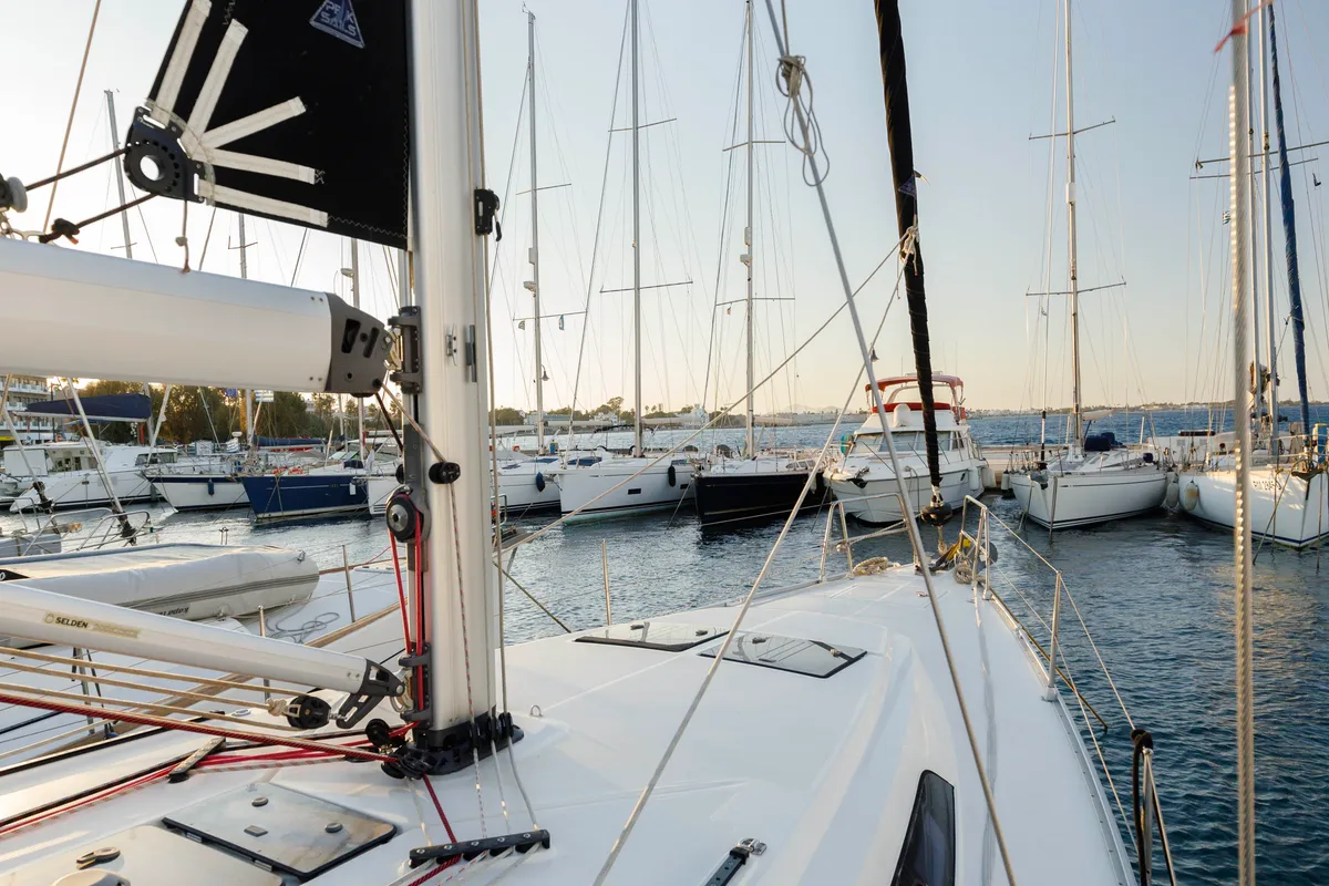 Exterior view of Alexaster, a Bavaria Cruiser 46 sailboat at Municipal Unit of Rhodes, Greece
