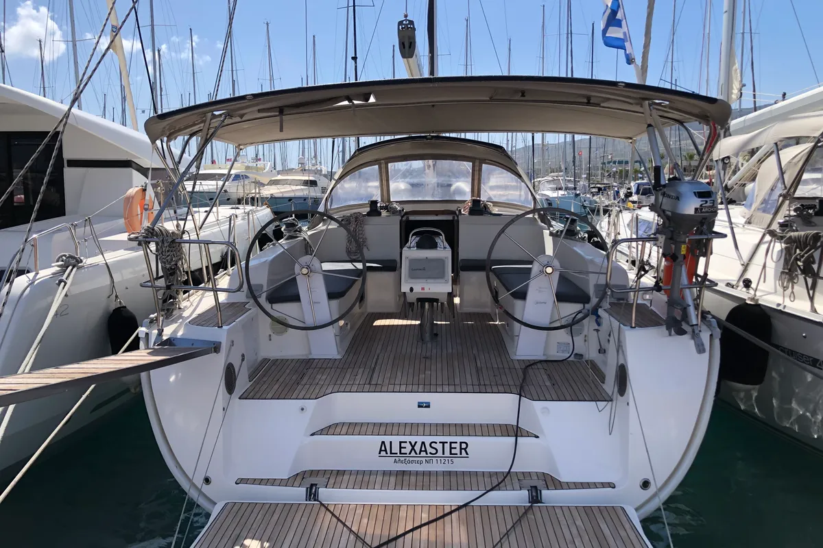 Exterior view of Alexaster, a Bavaria Cruiser 46 sailboat at Municipal Unit of Rhodes, Greece