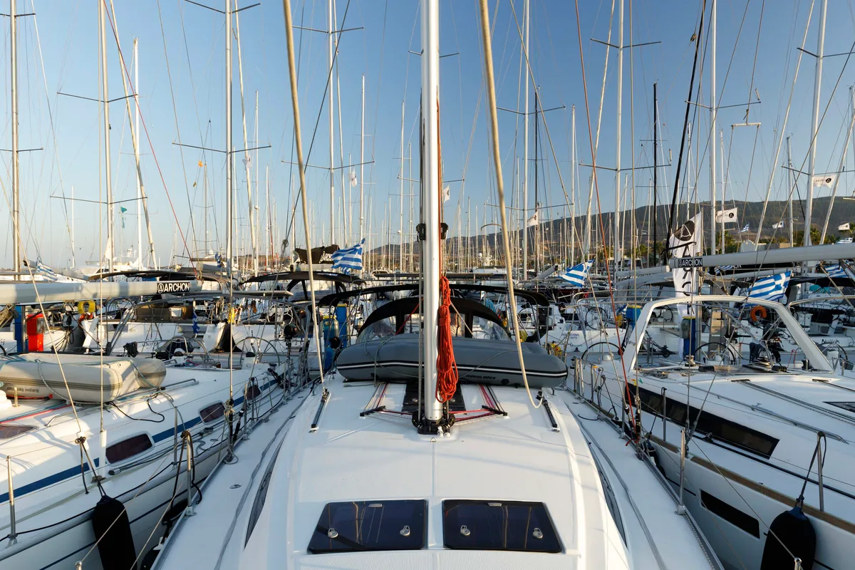 Exterior view of Alexaster, a Bavaria Cruiser 46 sailboat at Municipal Unit of Rhodes, Greece
