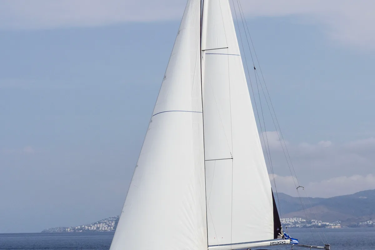 Exterior view of Alexaster, a Bavaria Cruiser 46 sailboat at Municipal Unit of Rhodes, Greece