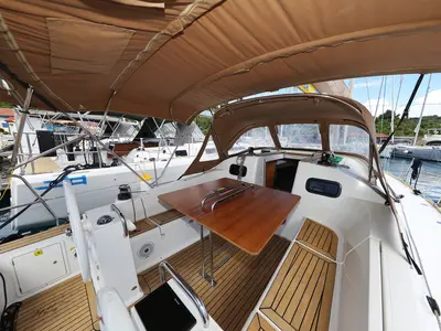 Cockpit of Estela, a Elan Impression 40.1 sailboat at Primošten, Croatia