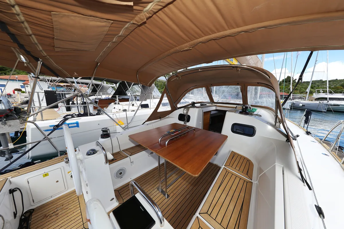 Cockpit of Estela, a Elan Impression 40.1 sailboat at Primošten, Croatia