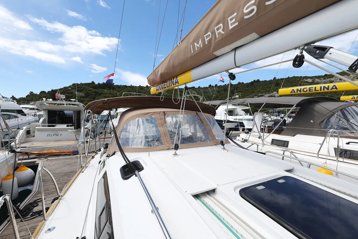 Deck of Estela, a Elan Impression 40.1 sailboat at Primošten, Croatia