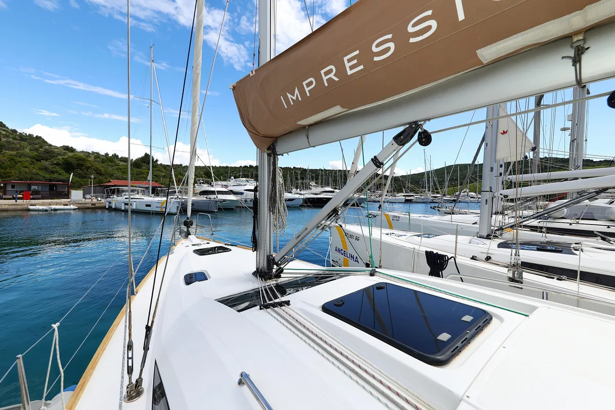 Deck of Estela, a Elan Impression 40.1 sailboat at Primošten, Croatia