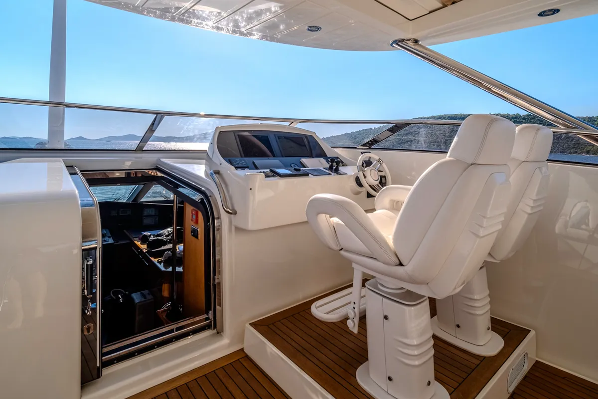 Cockpit of Arago, a Sunseeker Yacht 34M motor yacht at Grad Trogir, Croatia