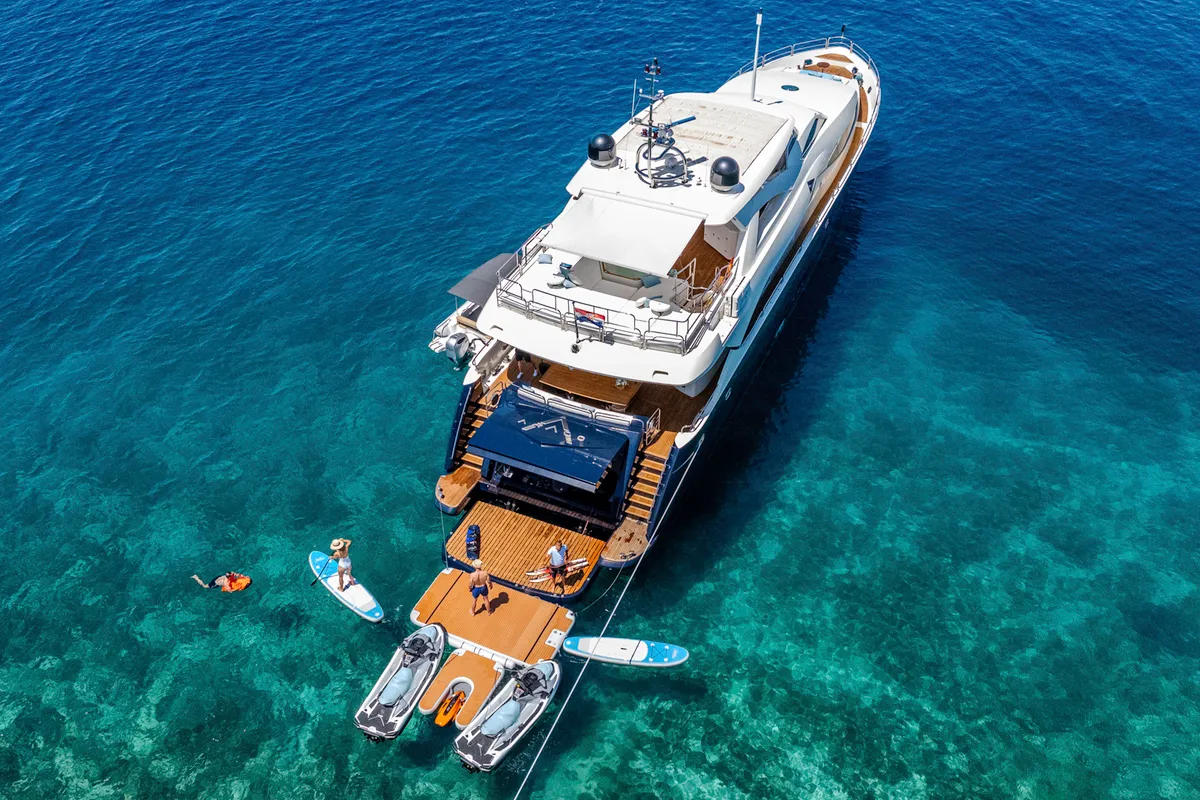 Exterior view of Arago, a Sunseeker Yacht 34M motor yacht at Grad Trogir, Croatia