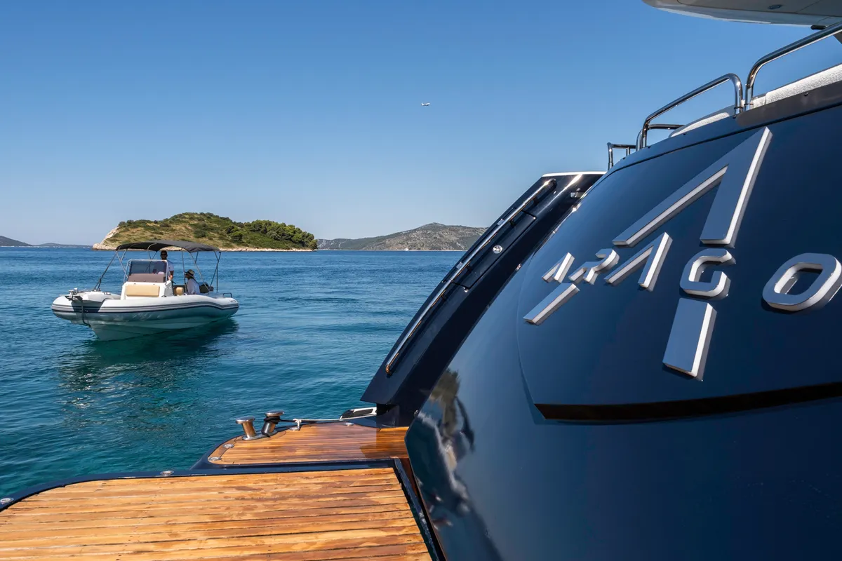 Exterior view of Arago, a Sunseeker Yacht 34M motor yacht at Grad Trogir, Croatia