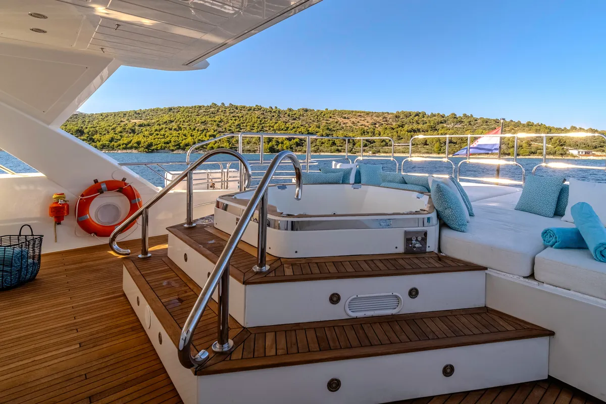 Deck of Arago, a Sunseeker Yacht 34M motor yacht at Grad Trogir, Croatia