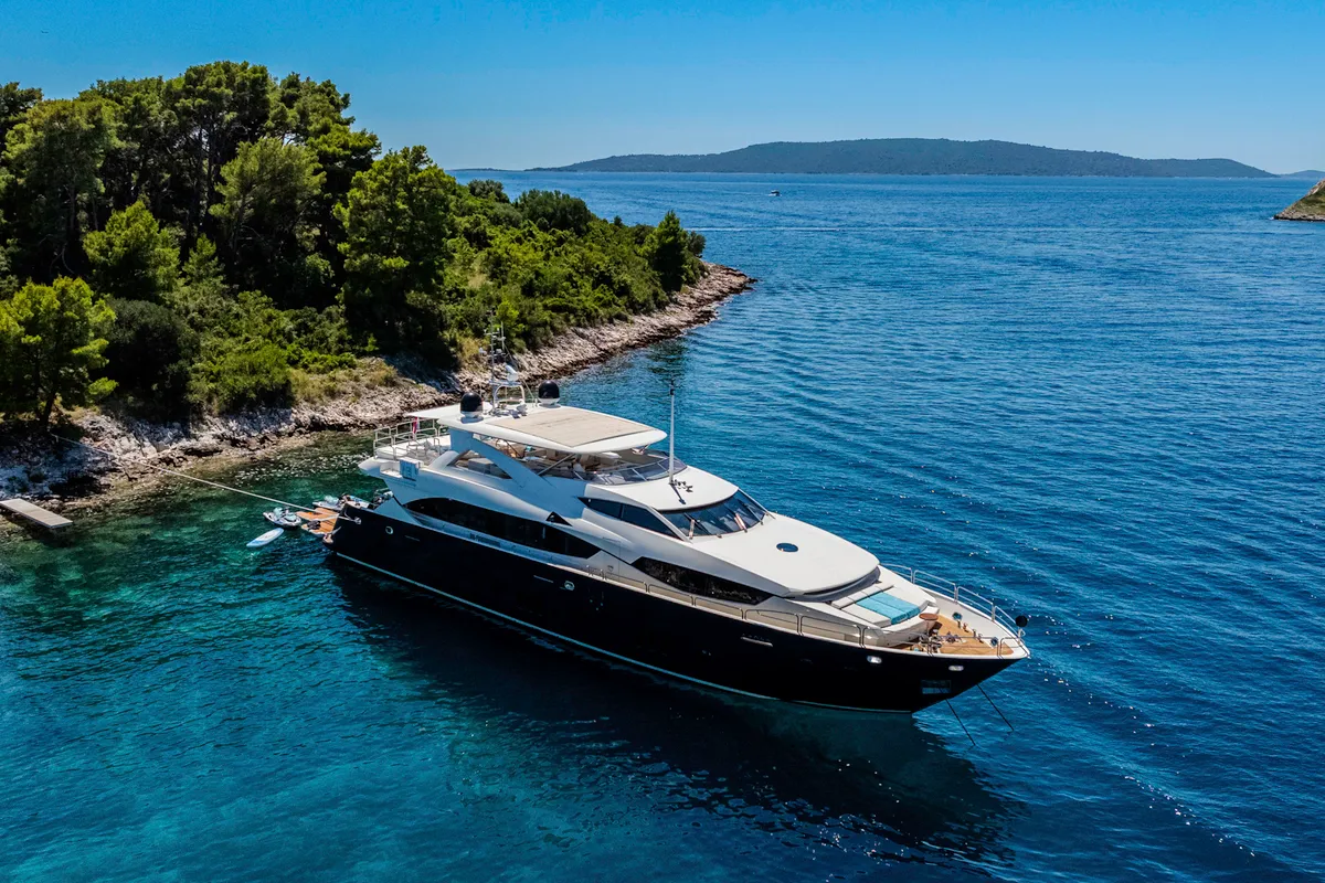 Exterior view of Arago, a Sunseeker Yacht 34M motor yacht at Grad Trogir, Croatia