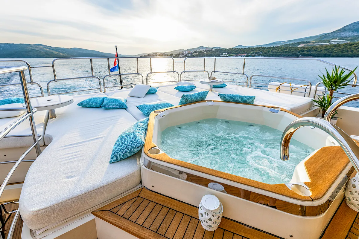 Deck of Arago, a Sunseeker Yacht 34M motor yacht at Grad Trogir, Croatia