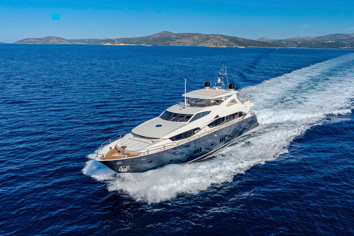 Exterior view of Arago, a Sunseeker Yacht 34M motor yacht at Grad Trogir, Croatia