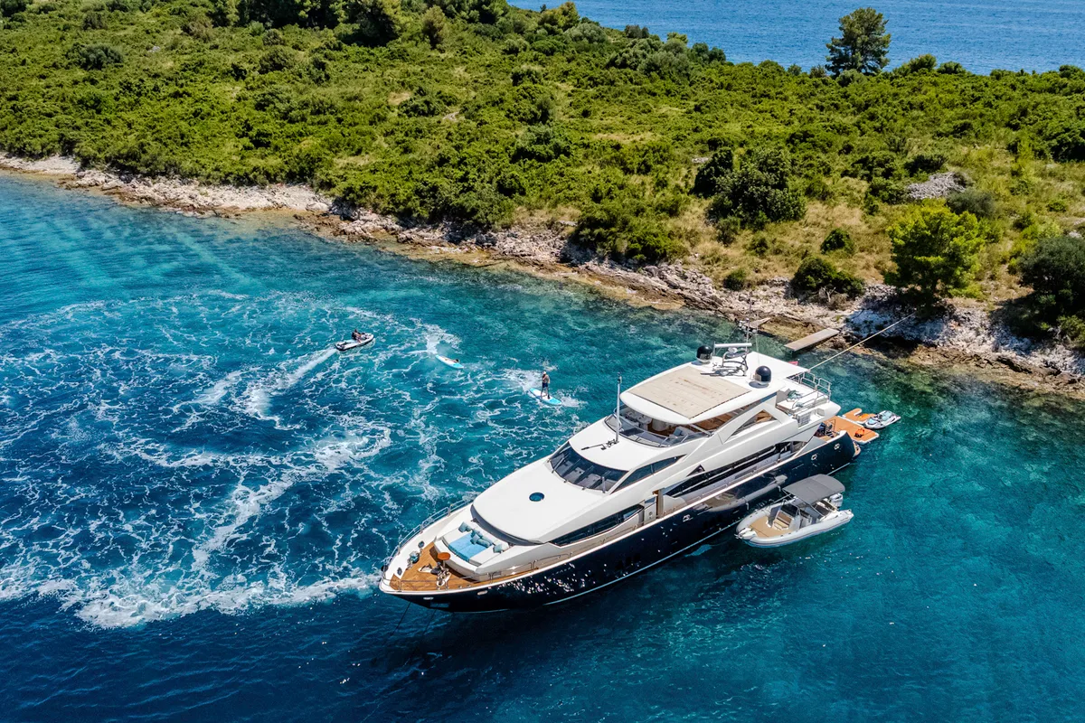 Exterior view of Arago, a Sunseeker Yacht 34M motor yacht at Grad Trogir, Croatia