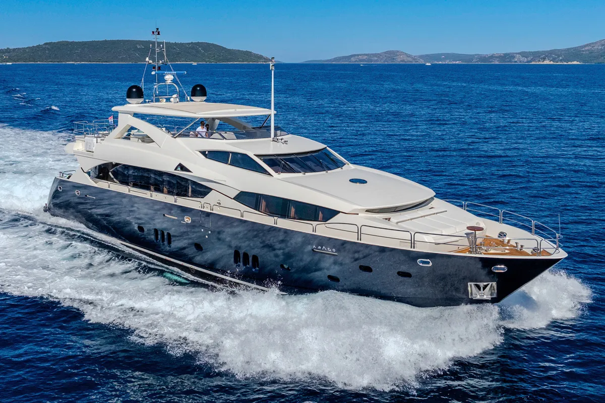 Exterior view of Arago, a Sunseeker Yacht 34M motor yacht at Grad Trogir, Croatia