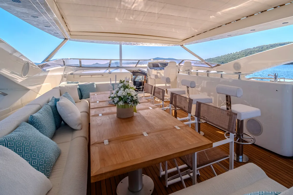 Deck of Arago, a Sunseeker Yacht 34M motor yacht at Grad Trogir, Croatia