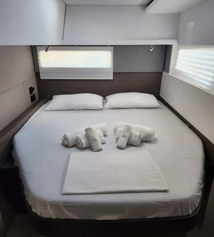 Cabin on Dou Reve V, a Leopard 45 catamaran at Cannigione, Italy