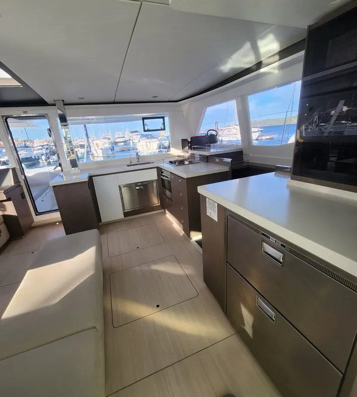 Galley of Dou Reve V, a Leopard 45 catamaran at Cannigione, Italy