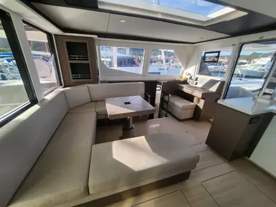 Salon of Dou Reve V, a Leopard 45 catamaran at Cannigione, Italy