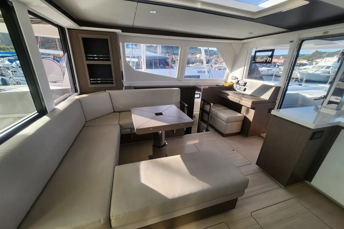 Salon of Dou Reve V, a Leopard 45 catamaran at Cannigione, Italy