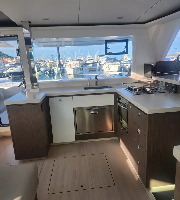 Galley of Dou Reve V, a Leopard 45 catamaran at Cannigione, Italy