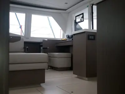 Cockpit of Dou Reve V, a Leopard 45 catamaran at Cannigione, Italy