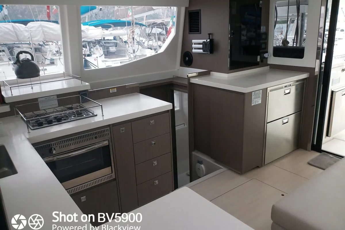 Galley of Dou Reve V, a Leopard 45 catamaran at Cannigione, Italy