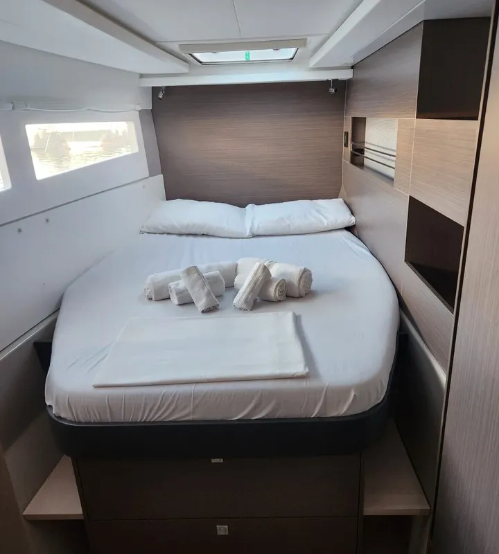 Cabin on Dou Reve V, a Leopard 45 catamaran at Cannigione, Italy