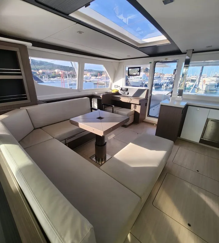 Salon of Dou Reve V, a Leopard 45 catamaran at Cannigione, Italy