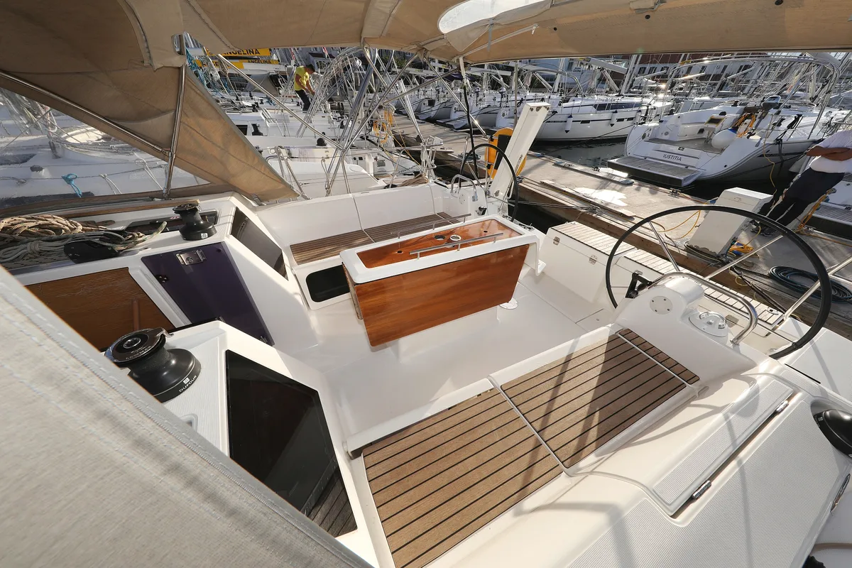 Deck of Belle Epoque, a Dufour 412 GL sailboat at Grad Biograd na Moru, Croatia