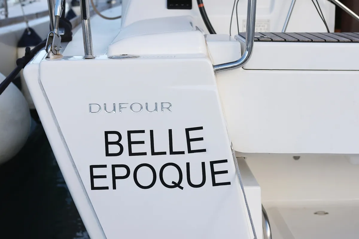 Exterior view of Belle Epoque, a Dufour 412 GL sailboat at Grad Biograd na Moru, Croatia