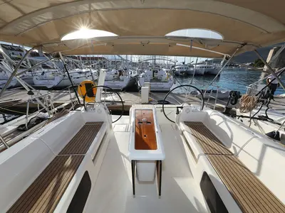 Cockpit of Belle Epoque, a Dufour 412 GL sailboat at Grad Biograd na Moru, Croatia