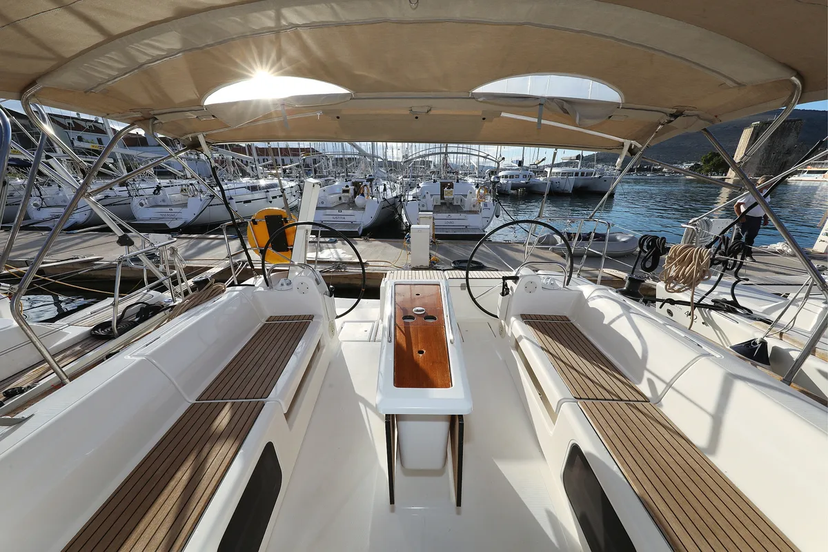 Cockpit of Belle Epoque, a Dufour 412 GL sailboat at Grad Biograd na Moru, Croatia