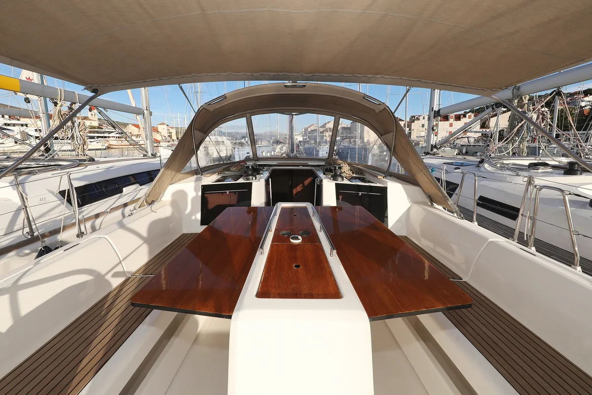 Deck of Belle Epoque, a Dufour 412 GL sailboat at Grad Biograd na Moru, Croatia
