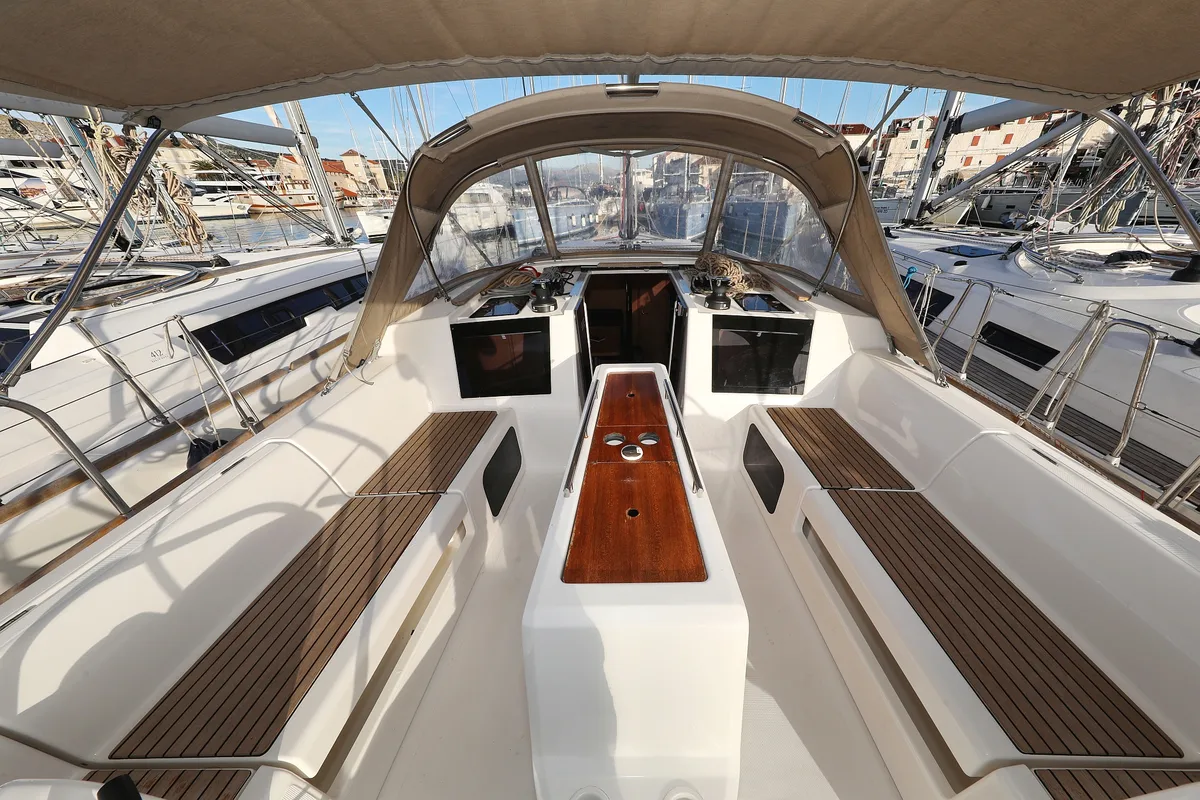 Deck of Belle Epoque, a Dufour 412 GL sailboat at Grad Biograd na Moru, Croatia