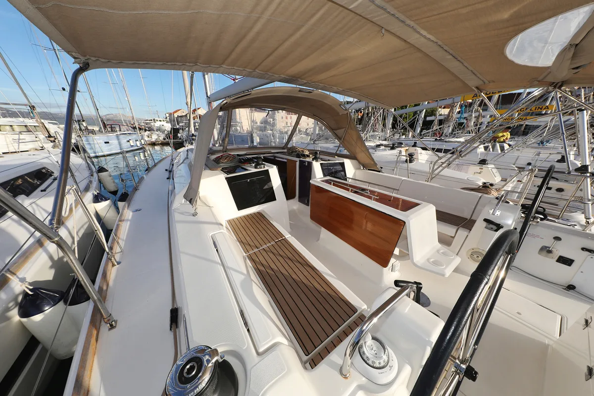 Deck of Belle Epoque, a Dufour 412 GL sailboat at Grad Biograd na Moru, Croatia