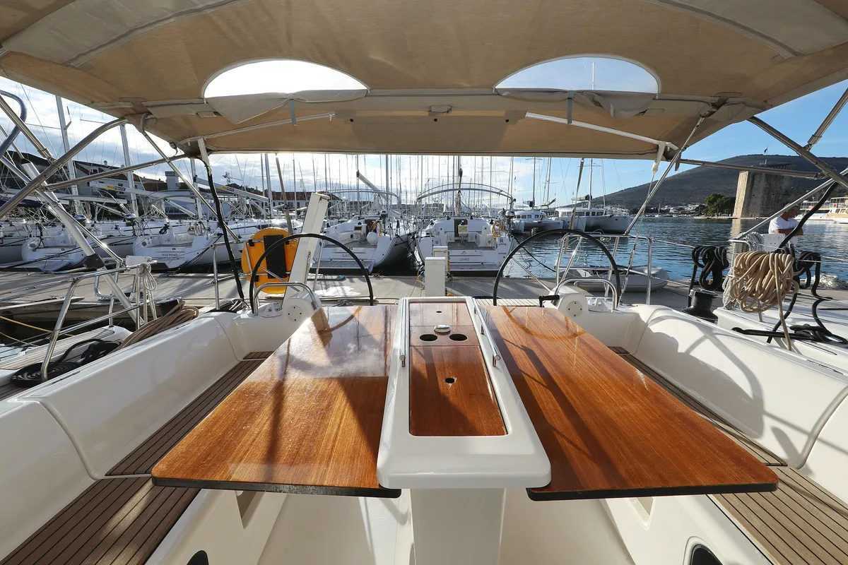 Cockpit of Belle Epoque, a Dufour 412 GL sailboat at Grad Biograd na Moru, Croatia