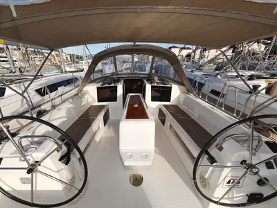 Deck of Belle Epoque, a Dufour 412 GL sailboat at Grad Biograd na Moru, Croatia