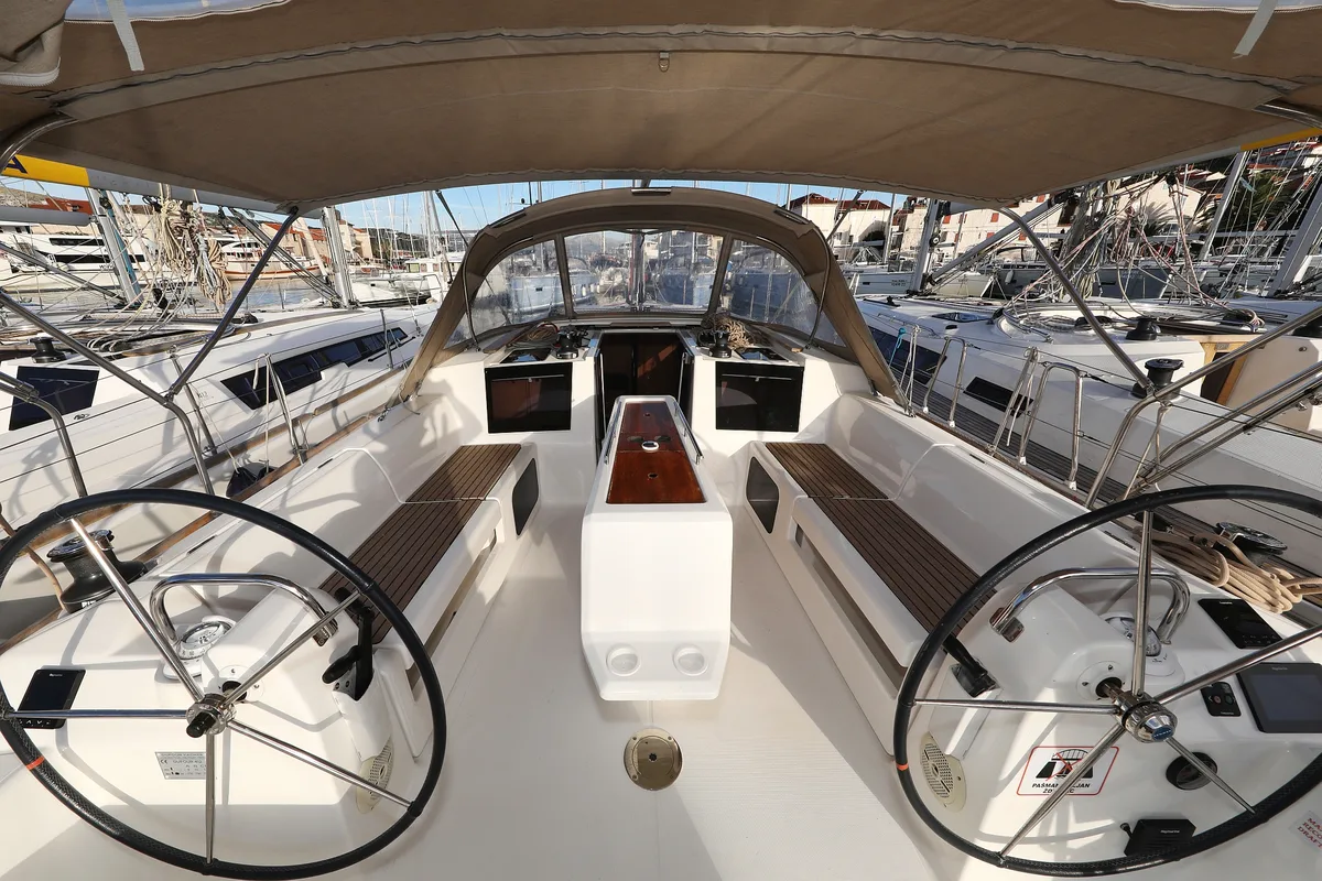 Deck of Belle Epoque, a Dufour 412 GL sailboat at Grad Biograd na Moru, Croatia