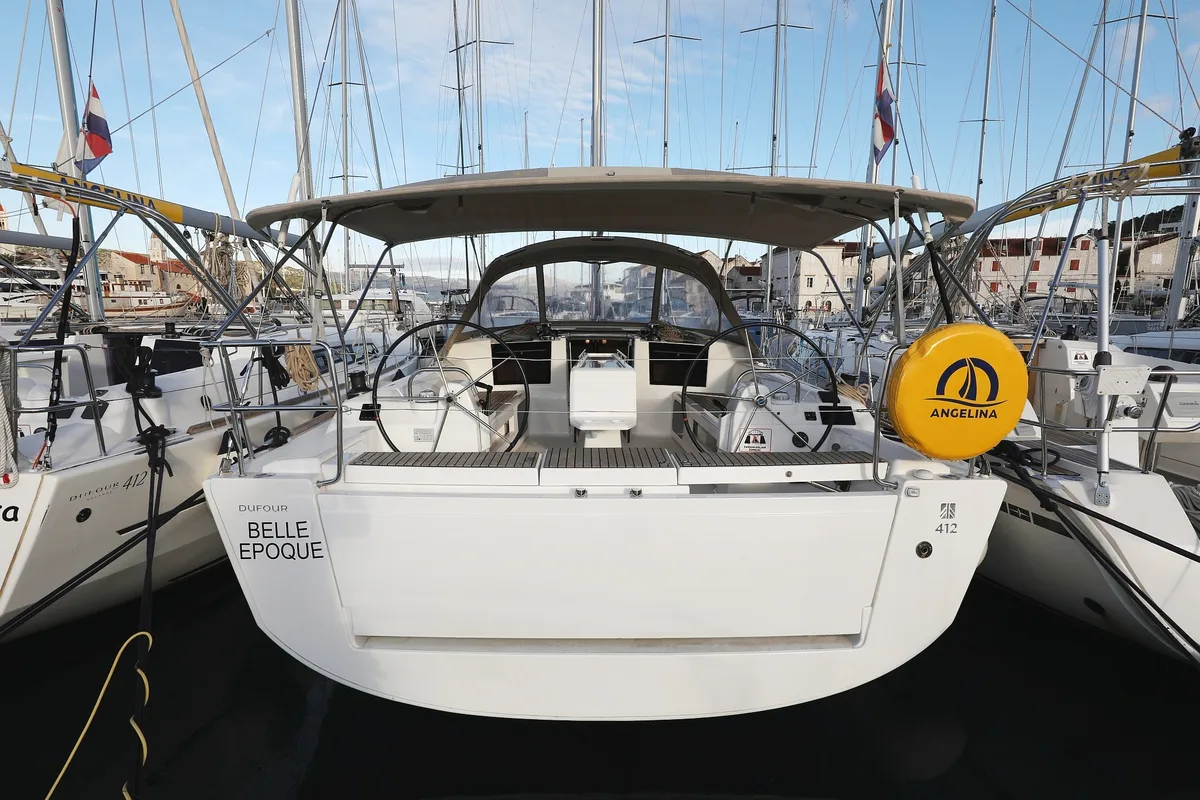 Exterior view of Belle Epoque, a Dufour 412 GL sailboat at Grad Biograd na Moru, Croatia