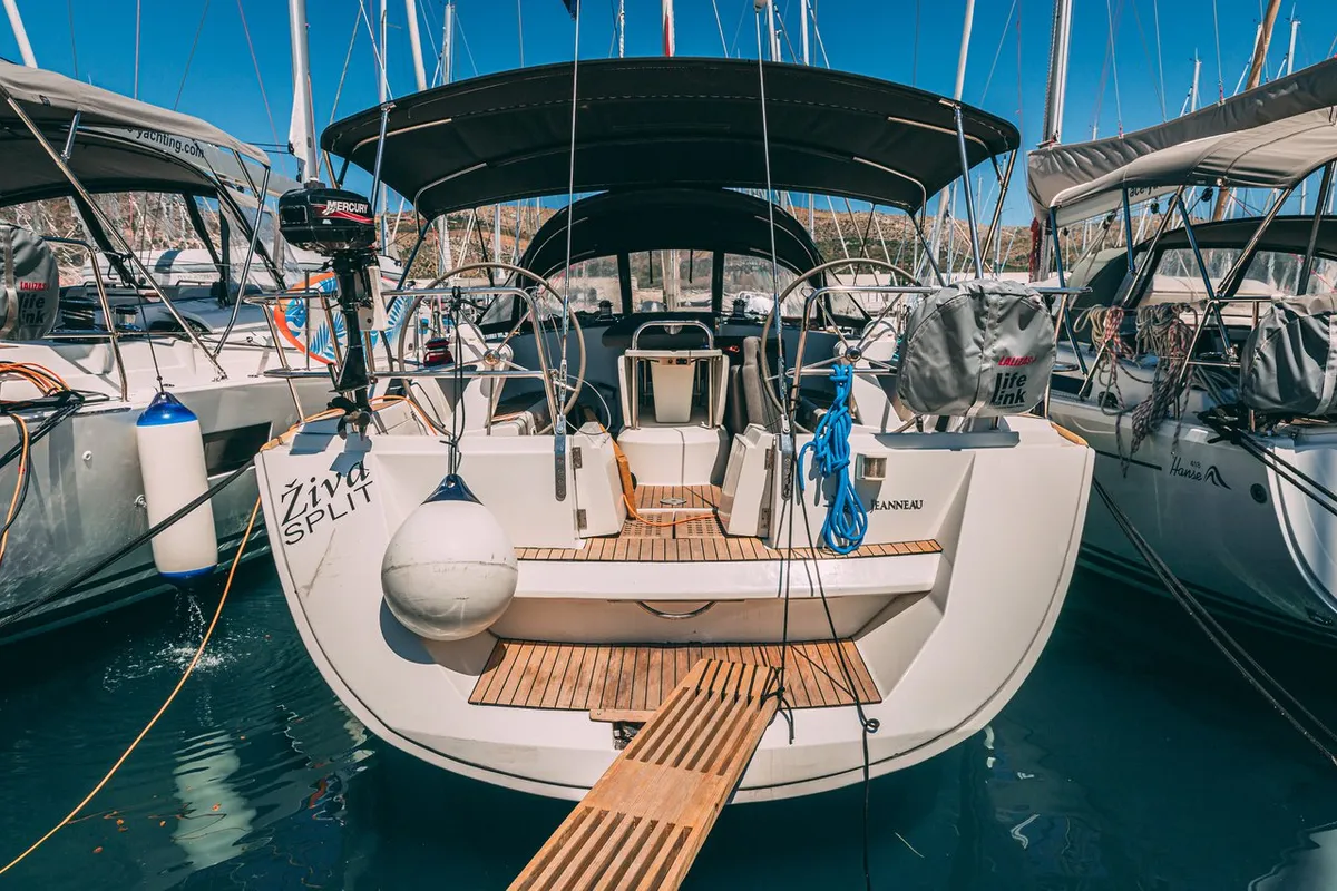 Deck of Živa, a Jeanneau Sun Odyssey 49 sailboat at Seget Donji, Croatia