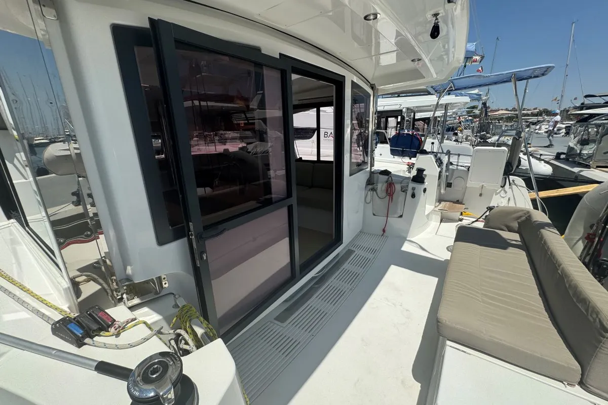 Deck of Voyager 1532/2025, a Bali Catsmart catamaran at Palma de Mallorca, Spain