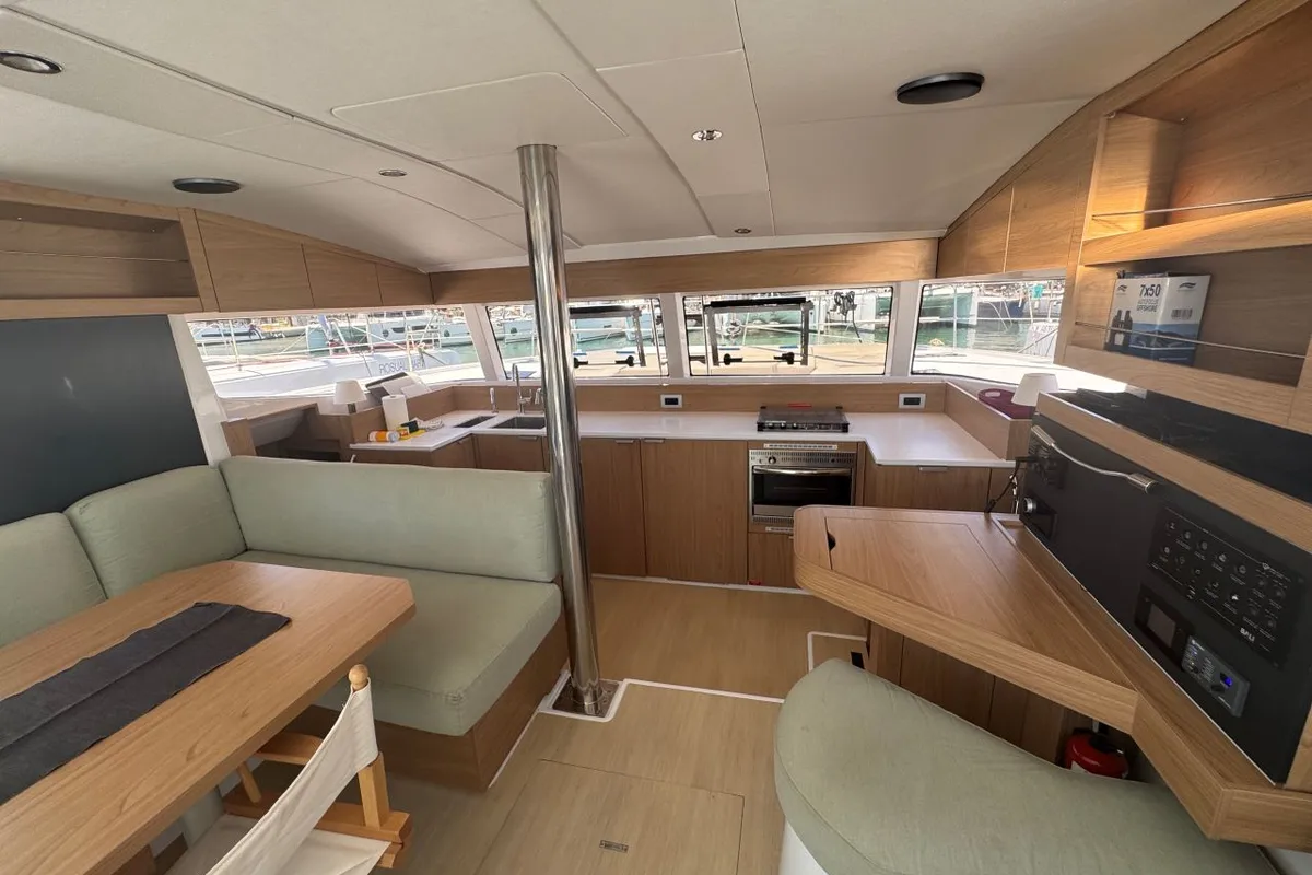 Salon of Voyager 1532/2025, a Bali Catsmart catamaran at Palma de Mallorca, Spain
