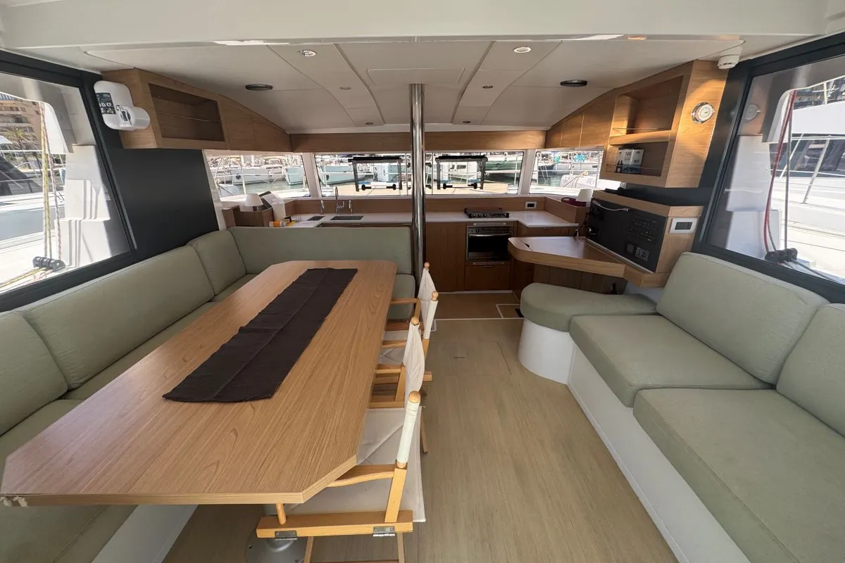 Salon of Voyager 1532/2025, a Bali Catsmart catamaran at Palma de Mallorca, Spain