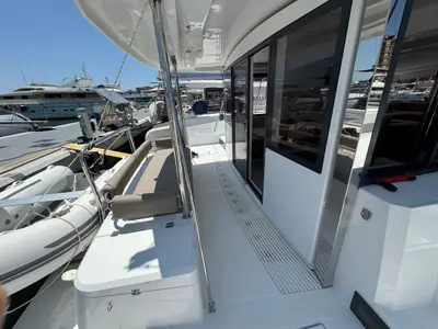 Deck of Voyager 1532/2025, a Bali Catsmart catamaran at Palma de Mallorca, Spain